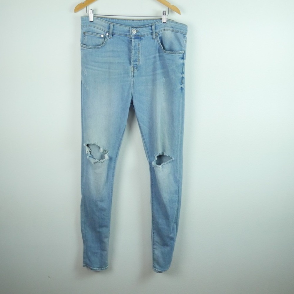 Kith Monroe Denim Pant Mens 34 Light Wash Blue Distressed Ripped Button Fly